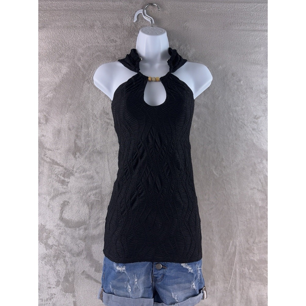 Camila Coelho Halter Blouse Womens XS Black Textured Keyhole Sleeveless Sexy
